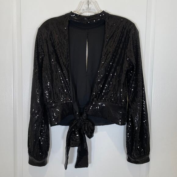 Dynamite Sequined Top Mock Neck Long Sleeve Open Back with Tie Black NWT M - Picture 7 of 7